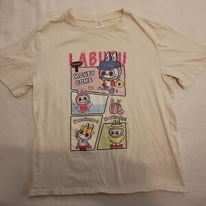 Labubu Cartoon Graphic Beige Cotton T-Shirt Medium Crew Neck Short Sleeve